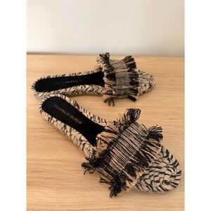 Anthro Paloma Barcelo 39 Black Tan Fringed Raffia Espadrille Slide Sandals Boho